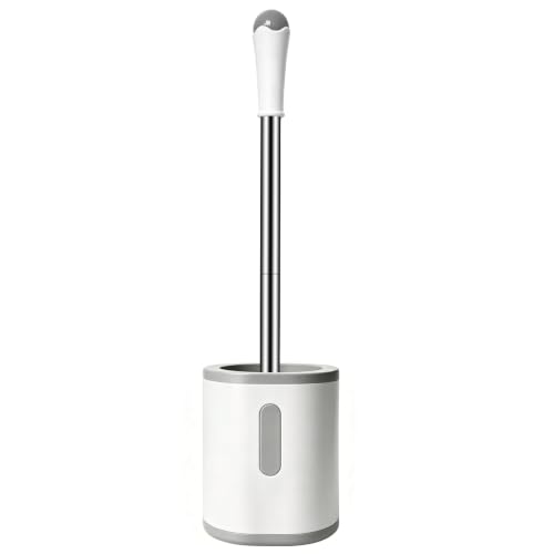 AONEZ Compact Toilet Brush &amp; Holder, Stainless Steel Handle, Space Saving for Storage, Deep Cleaning, Drip-Proof, Easy to Assemble, Nylon Bristles, White &amp; Grey
