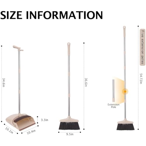 XXFLOWER Broom and Dustpan Set with Long Handle, Light Weight Stainless Steel Poles Stand Upright Dustpans with Broom Combo for Home Kitchen Office Pet Dog Hair, Brown &amp; Beige Color, 1-Pack