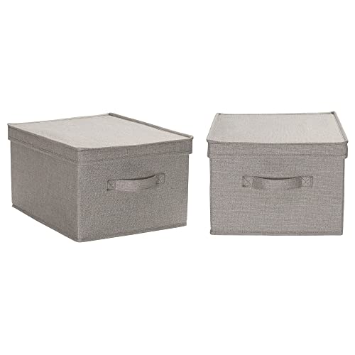 Household Essentials Large Square Storage Box with Lid with Breathable Poly‑Cotton Canvas and Reinforced Sides, Gray Finish, Set of 2