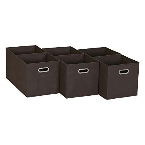 Household Essentials Fabric Storage Bins in Strong Poly‑Woven Fabric with Sturdy Chipboard Sides, and Grommet Front Handle, Brown, Set of 6