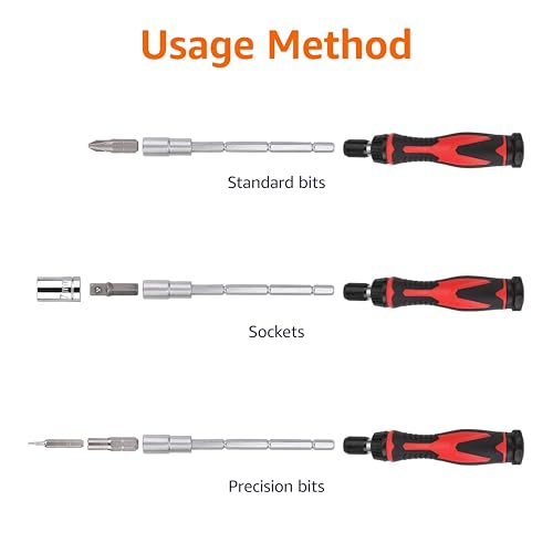 Amazon Basics Magnetic Ratcheting Wrench and Electronics Precision Screwdriver Tool Set, 73-Piece, with Carry Case for Household Repair, Small Jobs, Eyeglasses, Black/Red/Silver