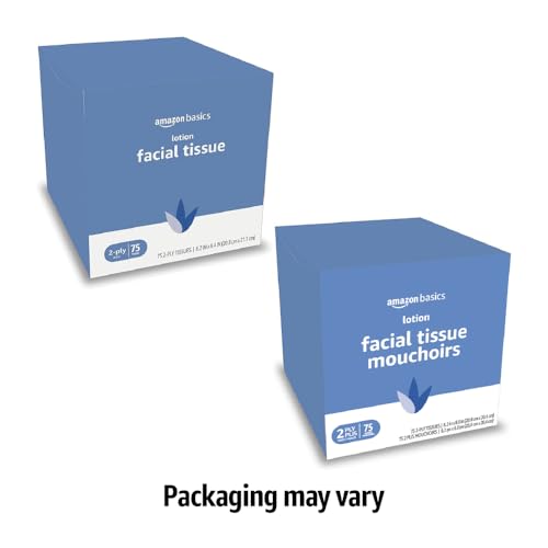 Amazon Basics Facial Tissues with Lotion, 2-Ply, 300 Count (4 Boxes, 75 Tissues per Box), Packaging May Vary