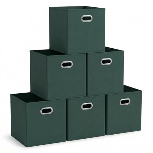 Household Essentials Foldable Fabric Storage Cubes 6-Pack – 11x11x11 Stackable Non-Woven Bins with Chipboard Sides &amp; Grommet Handles – Closet, Shelf, Nursery, or Office Organizer – Dark Green