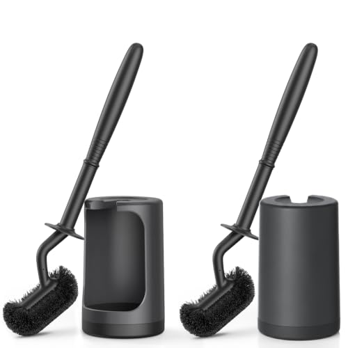HAMITOR Toilet Bowl Brush Holder Set: Curved Design with Holder for Deep Cleaning Under Rim - Compact Hidden Scrubber for Small Space - Modern RV Bathroom Accessories - Black