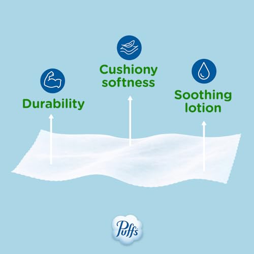 Puffs Facial Tissues Plus Lotion, 4 Family Boxes, 124 Facial Tissues per Box, Allergies and Colds (Packaging May Vary)
