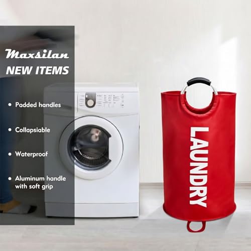 Maxsilan 90L Large Laundry Basket Bag, Collapsible Tall Hamper, Red | Freestanding tall laundry bag &amp; foldable washing basket. Extra large clothes storage bin with durable sturdy handles