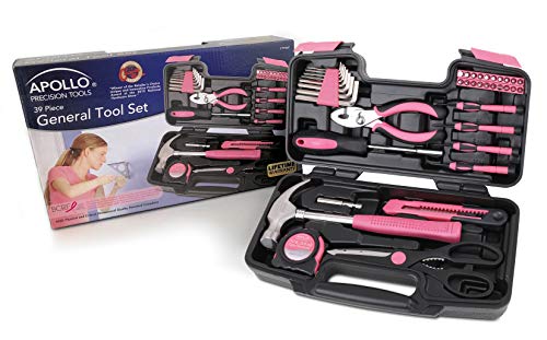 Apollo Tools 39 Piece General Household Tool Set, Pink DT9706P | Toolbox Storage Case with Essential Hand Tools for Everyday Home Repairs, DIY and Crafts. Pink Ribbon