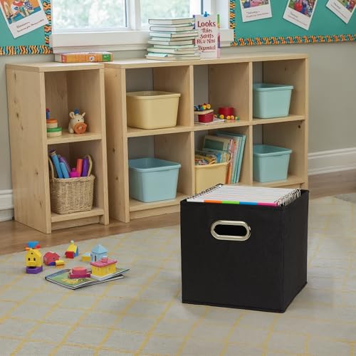 Household Essentials Foldable Fabric Storage Bins 6 Piece Set, Strong Poly-Woven Fabric, Sturdy Chipboard Sides, Grommet Front Handle, Stackable, Classic Design, Black