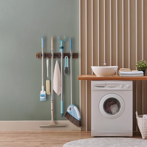 OUTNILI Mop and Broom Holder Wall Mount - Wood Broom Mop Hanger - Wall Mounted Garden Tool Rack Organizer for Closet Garage Laundry Room, Rustic Kitchen Decor With 4 Slots &amp; 4 Hooks