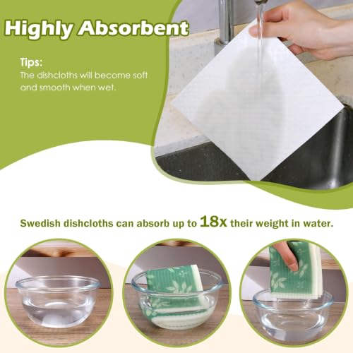 6 Pcs Swedish Paper Cloths for Kitchen, Reusable Paper Towels Washable | Highly Absorbent Kitchen Towels Quick Drying Swedish Sponge Cleaning Dish Cloths Dish Rags (Green Plant Leaves)