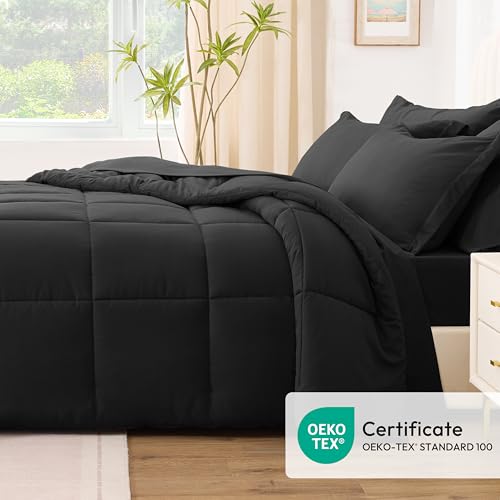 Love's cabin Queen Comforter Set, 7 Pieces Bed in a Bag, Black | OEKO-TEX Certified, All-Season, 1 Down-Alternative Comforter + 1 Flat &amp; Fitted Sheets + 2 Pillowcases + 2 Pillow Shams