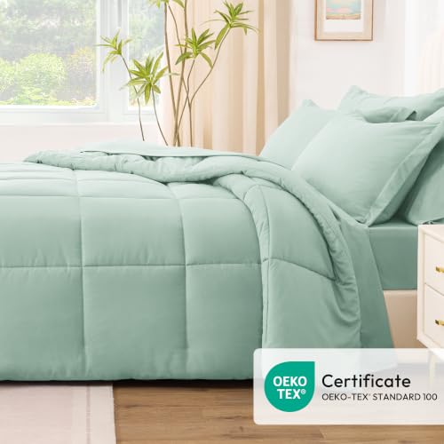 Love's cabin Queen Comforter Set, 7 Pieces Bed in a Bag, Aqua | OEKO-TEX Certified, All-Season, 1 Down-Alternative Comforter + 1 Flat &amp; Fitted Sheets + 2 Pillowcases + 2 Pillow Shams