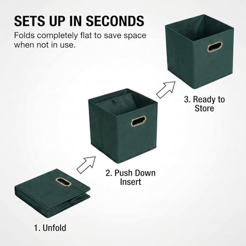 Household Essentials Foldable Fabric Storage Cubes 6-Pack – 11x11x11 Stackable Non-Woven Bins with Chipboard Sides &amp; Grommet Handles – Closet, Shelf, Nursery, or Office Organizer – Dark Green