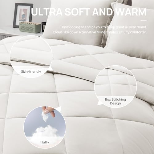 Love's cabin Queen Comforter Set, 7 Pieces Bed in a Bag, Beige | OEKO-TEX Certified, All-Season, 1 Down-Alternative Comforter + 1 Flat &amp; Fitted Sheets + 2 Pillowcases + 2 Pillow Shams