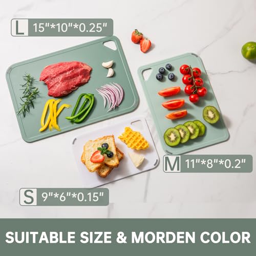 THETCHRY Plastic Cutting Board Set of 3-Cutting Boards for Kitchen BPA Free | Large-Small Chopping Boards, Non-Slip for Cooking, Dishwasher Safe, Camping, Portable, with Grip Handle, Sage Green