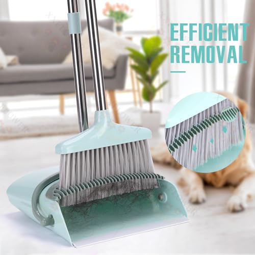 XXXFLOWER Broom and Dustpan Set with Cleaning Teeth, 54.5" Long Handle Indoor Sweeping Combo for Home Office Kitchen, Bluish Green