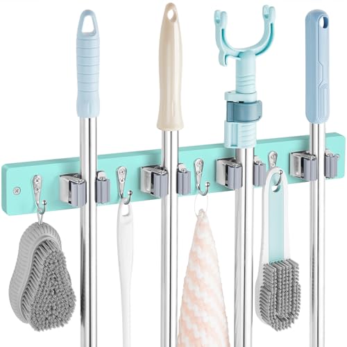 OUTNILI Turquoise Mop Broom Holder Wall Mount with 4 Slots &amp; 4 Hooks - Wood Broom Mop Hanger for Pantry Closet Laundry Room Organization - for Teal Kitchen Decor and Accessories