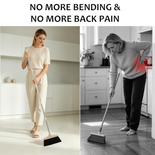 XXFLOWER Broom and Dustpan Set with Long Handle, Light Weight Stainless Steel Poles Stand Upright Dustpans with Broom Combo for Home Kitchen Office Pet Dog Hair, Brown &amp; Beige Color, 1-Pack