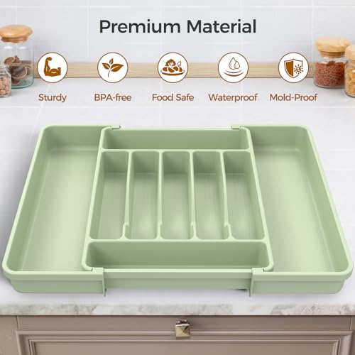ukeetap Extra Large Expandable Silverware Organizer, Flatware Tray, Green | BPA-Free Food-Safe Kitchen Utensil Cutlery Drawer Organizer, Adjustable Silverware Holder for Spoons Forks Knives