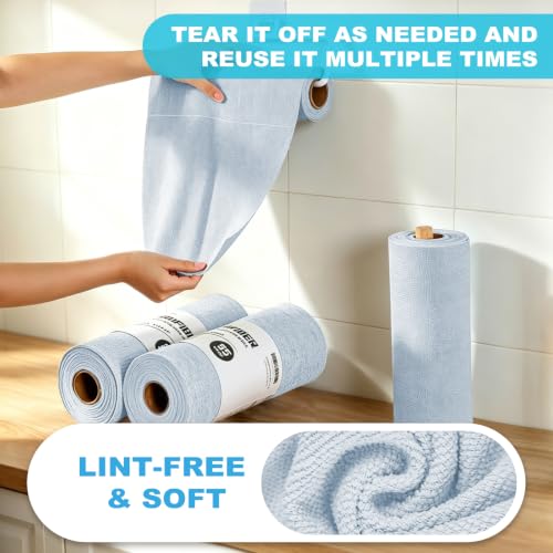 Puomue 55 Pack Microfiber Cleaning Cloth Roll, Tear Away Reusable Paper Towels, 11" x 9", Ultra Absorbent &amp; Lint Free Microfiber Cloth for Cleaning Cars, Kitchen, Window, Home and Shop, Light Blue