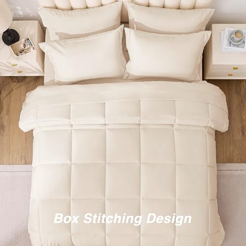 Love's cabin Queen Comforter Set, 7 Pieces Bed in a Bag, Beige | OEKO-TEX Certified, All-Season, 1 Down-Alternative Comforter + 1 Flat &amp; Fitted Sheets + 2 Pillowcases + 2 Pillow Shams