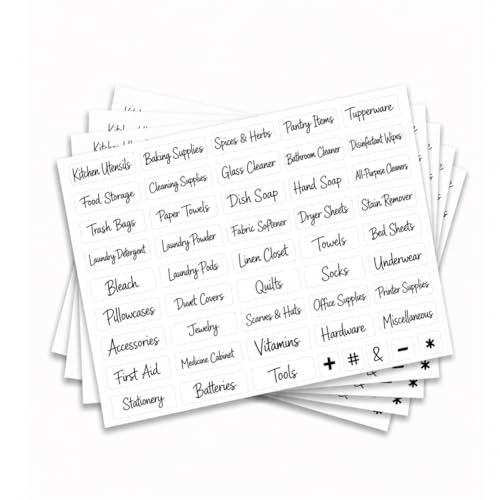 GOMAKERER 240 Pcs Home Organization Labels, 53 Designs Clear Script Storage ID Stickers Household Container Storage Label for Kitchen Bathroom Laundry Home Storage Organization Supplies