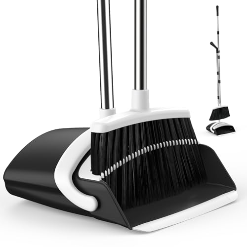 EZKEY Broom and Dustpan Set for Home, 51-in Long Adjustable Handle Angle Broom and Dustpan Combo Set with Dust Pan Teeth to Clean Hair for Home Kitchen Office Lobby Floor Garden (Black&amp;White)