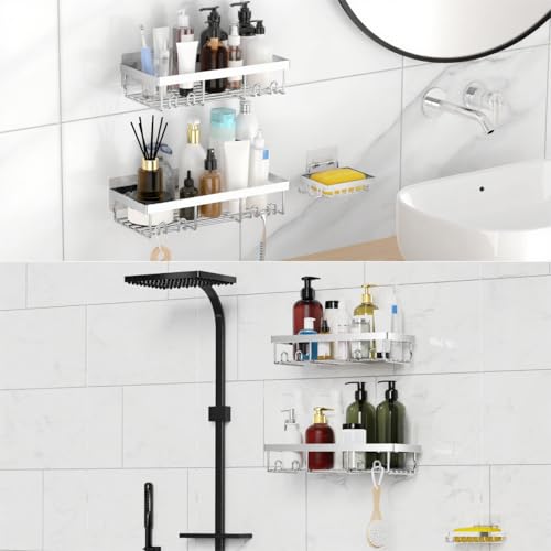 Moforoco 3-Pack Shower Caddy Basket Shelf with Soap Holder, No Drilling Traceless Adhesive Shower Wall Shelves, Rustproof Black Bathroom Shower Storage Organizer