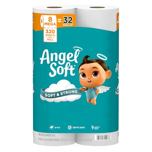 Angel Soft Toilet Paper Bulk Bathroom Tissue, 8 Mega Rolls=32 Regular Rolls | Bathroom essentials: 8 Mega Rolls = 32 Regular Rolls, 2-ply bath tissue with softness and strength