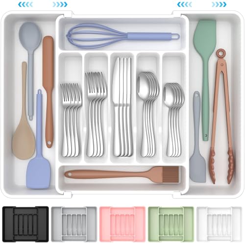 ukeetap Extra Large Expandable Silverware Organizer, Flatware Tray,White | BPA-Free Food-Safe Kitchen Utensil Cutlery Drawer Organizer, Adjustable Silverware Holder for Spoons Forks Knives