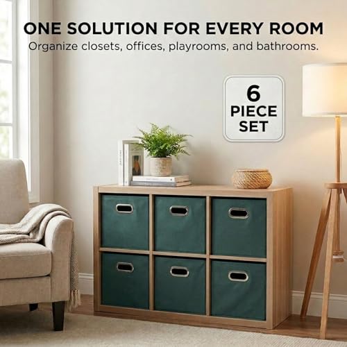 Household Essentials Foldable Fabric Storage Cubes 6-Pack – 11x11x11 Stackable Non-Woven Bins with Chipboard Sides &amp; Grommet Handles – Closet, Shelf, Nursery, or Office Organizer – Dark Green