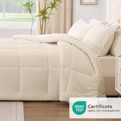 Love's cabin Queen Comforter Set, 7 Pieces Bed in a Bag, Beige | OEKO-TEX Certified, All-Season, 1 Down-Alternative Comforter + 1 Flat &amp; Fitted Sheets + 2 Pillowcases + 2 Pillow Shams