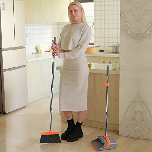 Ivandar Broom and Dustpan Set for Home, Broom and Dustpan Combo for Office, Long Handle Broom with Upright Standing Dust pan,Indoor&amp;Outdoor Sweeping (Gray&amp;Orange)