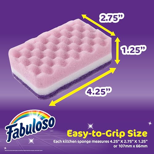Fabuloso Scratch-Free Kitchen Dish Sponges, Purple, 4 Count | Cellulose scrubber with scouring pad tackles tough messes on dishes, pots, pans, and counters