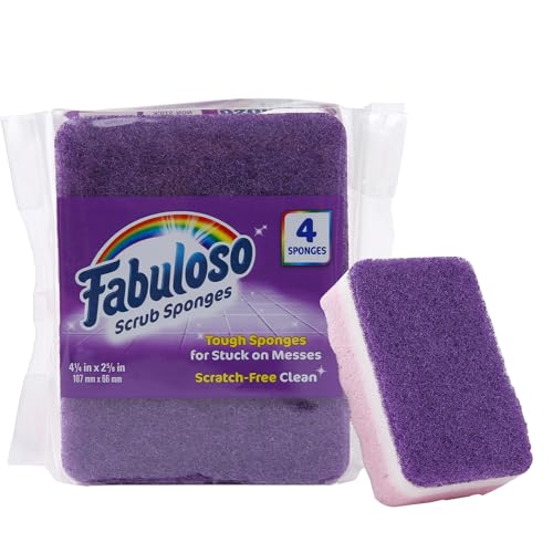 Fabuloso Scratch-Free Kitchen Dish Sponges, Purple, 4 Count | Cellulose scrubber with scouring pad tackles tough messes on dishes, pots, pans, and counters