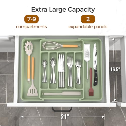 ukeetap Extra Large Expandable Silverware Organizer, Flatware Tray, Green | BPA-Free Food-Safe Kitchen Utensil Cutlery Drawer Organizer, Adjustable Silverware Holder for Spoons Forks Knives