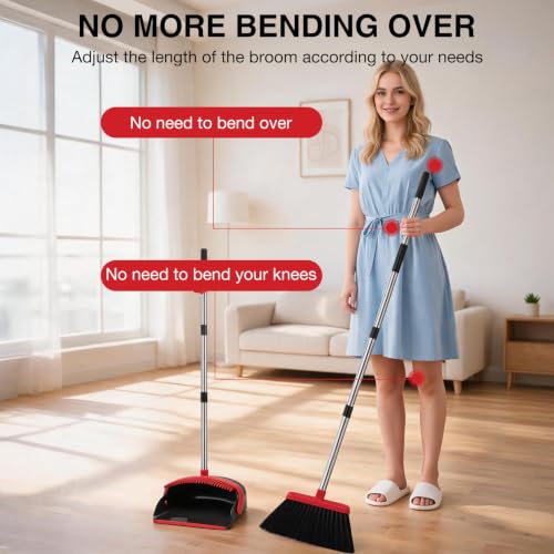 NACENA Broom and Dustpan Set, 52-in Long Adjustable Handle Broom Dustpan Combo with Dustpan Teeth to Automatically Clean Hair Suitable for Home Kitchen Office Hall Floor（Black&amp;Red）