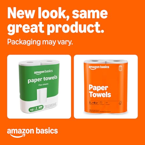 Amazon Basics 2-Ply Flex-Sheets Paper Towels, 2-Pack, 150 Sheets per Roll, 2 Basics Rolls = 6 Regular Rolls, for Everyday Use, Spills and Messes