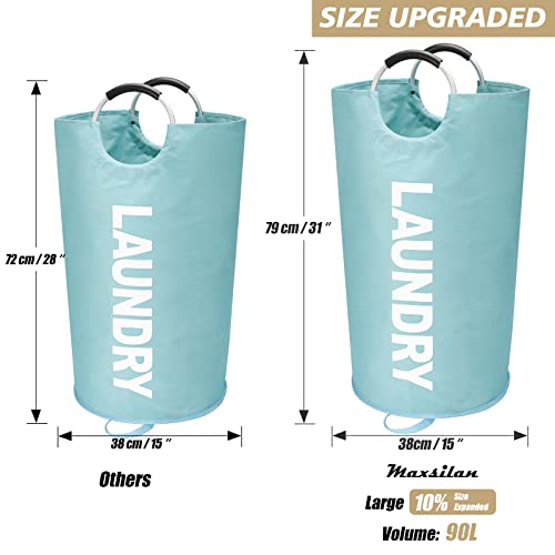 Maxsilan 90L Large Laundry Basket Bag, Collapsible Tall Hamper, Light Blue | Freestanding tall laundry bag &amp; foldable washing basket. Extra large clothes storage bin with durable sturdy handles