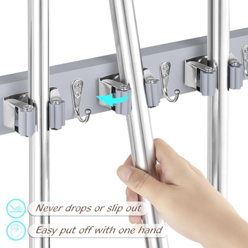 OUTNILI Gray Mop Broom Holder Wall Mount with 4 Slots &amp; 4 Hooks - Wood Broom Mop Hanger for Pantry Closet Laundry Room Organization - Heavy Duty Garden Tool Organizer