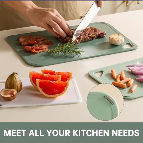 THETCHRY Plastic Cutting Board Set of 3-Cutting Boards for Kitchen BPA Free | Large-Small Chopping Boards, Non-Slip for Cooking, Dishwasher Safe, Camping, Portable, with Grip Handle, Sage Green