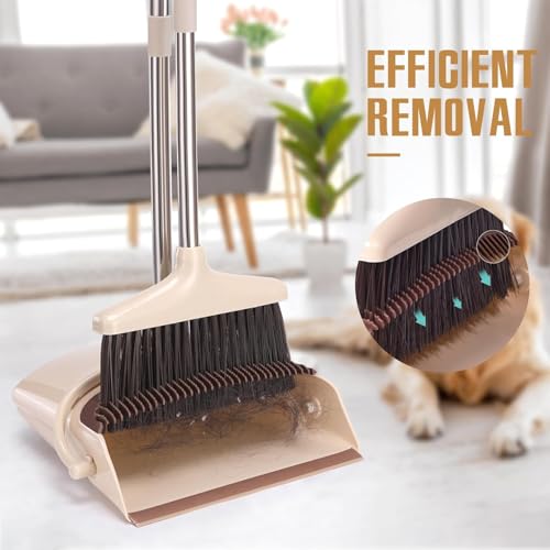 XXFLOWER Broom and Dustpan Set with Long Handle, Light Weight Stainless Steel Poles Stand Upright Dustpans with Broom Combo for Home Kitchen Office Pet Dog Hair, Brown &amp; Beige Color, 1-Pack