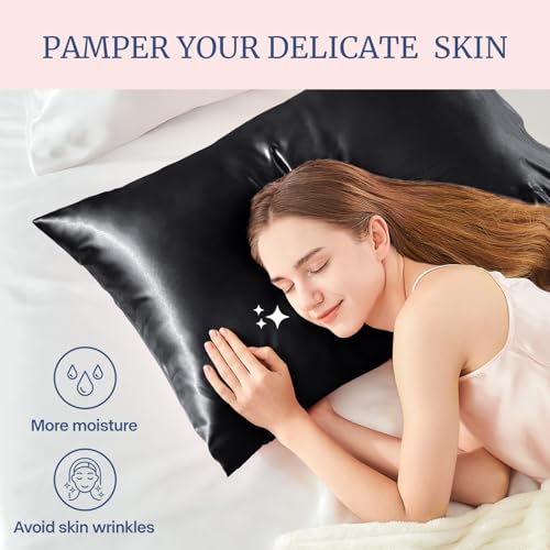 BEDELITE Satin Pillowcases, Standard Size 20x26 Inch, Black, Set of 2 | Similar to Silk Pillow Cases, Soft and Cooling, Reduces Friction, Gentle on Hair and Skin, Envelope Closure, Women Men Gift
