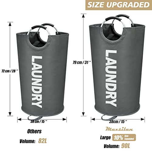 Maxsilan 90L Large Laundry Basket Bag, Collapsible Tall Hamper, Dark Grey | Freestanding tall laundry bag &amp; foldable washing basket. Large capacity clothes storage bin with durable sturdy handles