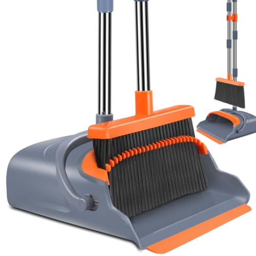 kelamayi Upgrade Broom and Dustpan Set, Self-Cleaning with Dustpan Teeth, Indoor&amp;Outdoor Sweeping, Ideal for Dog Cat Pets Home Use, Stand Up Broom and Dustpan (Gray&amp;Orange)