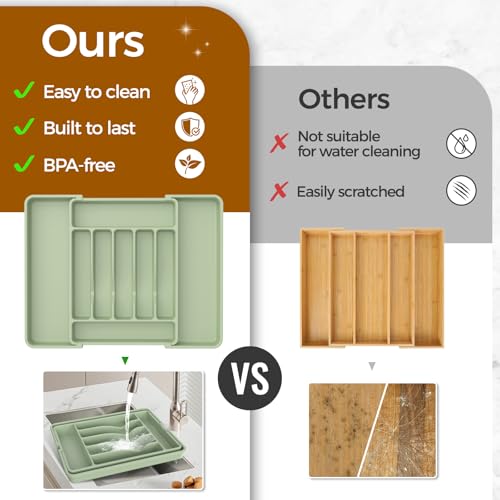 ukeetap Extra Large Expandable Silverware Organizer, Flatware Tray, Green | BPA-Free Food-Safe Kitchen Utensil Cutlery Drawer Organizer, Adjustable Silverware Holder for Spoons Forks Knives