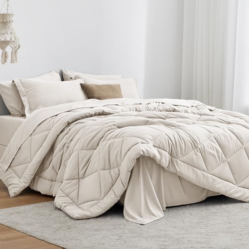 Love's cabin Queen Comforter Set, 7 Pieces Bed in a Bag, Beige | OEKO-TEX Certified, All-Season, 1 Down-Alternative Comforter + 1 Flat &amp; Fitted Sheets + 2 Pillowcases + 2 Pillow Shams