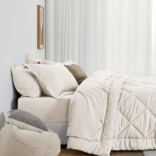Love's cabin Queen Comforter Set, 7 Pieces Bed in a Bag, Beige | OEKO-TEX Certified, All-Season, 1 Down-Alternative Comforter + 1 Flat &amp; Fitted Sheets + 2 Pillowcases + 2 Pillow Shams