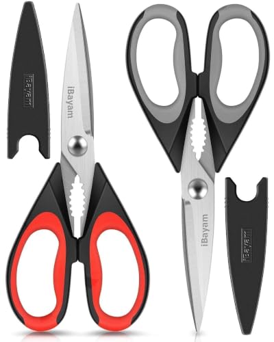iBayam Kitchen Scissors Shears All Purpose Heavy Duty, Protective Sheath | 2-Pack, Ultra-Sharp Stainless Blades, Soft Comfort-Grip, Dishwasher Safe, Cooking Tool &amp; Gadget Sets Poultry Kitchen Utensils
