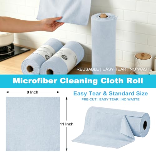 Puomue 55 Pack Microfiber Cleaning Cloth Roll, Tear Away Reusable Paper Towels, 11" x 9", Ultra Absorbent &amp; Lint Free Microfiber Cloth for Cleaning Cars, Kitchen, Window, Home and Shop, Light Blue